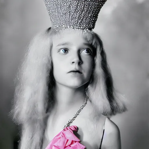 Image similar to a princess with long blonde hair and blue eyes wearing a sleeveless elaborately beaded pink dress and a cone shaped hat, high resolution film still, film by Simon Langton and David Frankel