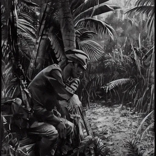 Image similar to the portrait of a communist guerrilla waiting in the dark cervices to ambush, tropical jungle warfare during the Malayan Emergency 1950, masterpiece of social realist oil painting by Chua Mia Tee, British Pathe archive, National War Museum, Nanyang Arts Equator art movement, realistic, cinematic, 8k resolution, intricate jungle. H 768