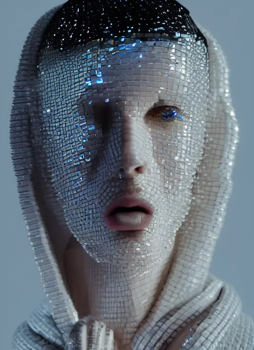 Prompt: photo of baroque and bladerunner delicate neon diamond sculpture of ceramic albino king adrien sahores seductive delicious lip licking, creamy orange iridescent humanoid deity wearing white fluffy hoody holding diamond skull in a black metallic dungeon, reclining, glowing rainbow face, crown of white diamonds, cinematic lighting, photorealistic, octane render 8 k depth of field 3 d