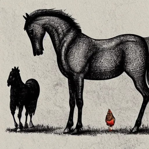Prompt: horse and a large chicken standing back to back, in a cool pose, childhood illustration, friendly, pen and ink