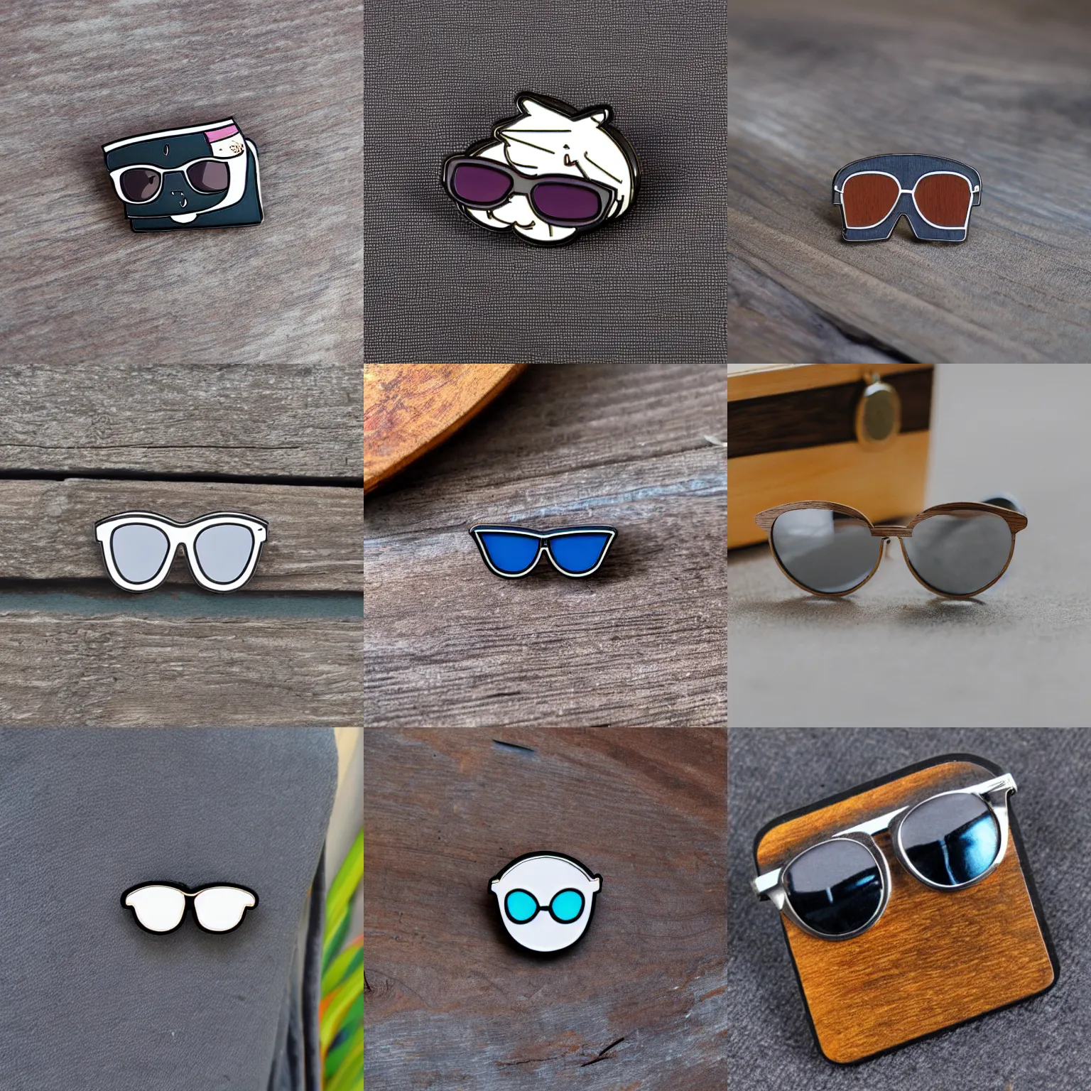 Prompt: cartoon enamel pin of sunglasses on light gray wood