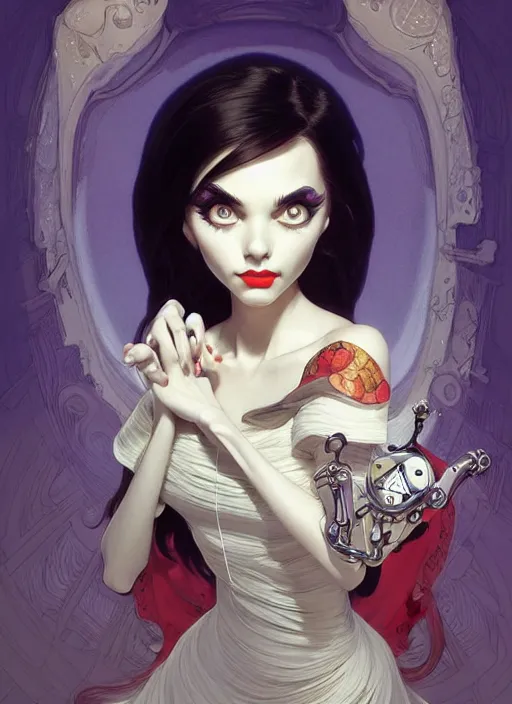 Image similar to sally from nightmare _ before _ christmas, intricate, elegant, highly detailed, my rendition, digital painting, artstation, concept art, smooth, sharp focus, illustration, art by artgerm and greg rutkowski and alphonse mucha and uang guangjian and gil elvgren and sachin teng, symmetry!!