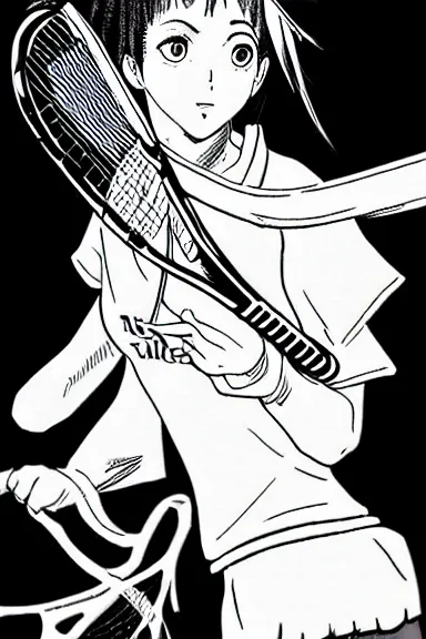 Image similar to slim girl playing tennis, black and white artwork in manga style, made by kentaro miura