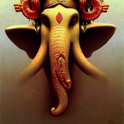 Image similar to indian god ganesha, painting by beksinski