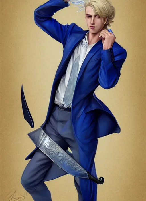 Image similar to artgerm portrait painting of a blond man in a blue suit with a sword and a pistol, asymmetrical, profile picture, organic painting, sunny day, matte painting, bold shapes, hard edges, street art, trending on artstation, by huang guangjian, gil elvgren, ruan jia, randy vargas, greg rutkowski