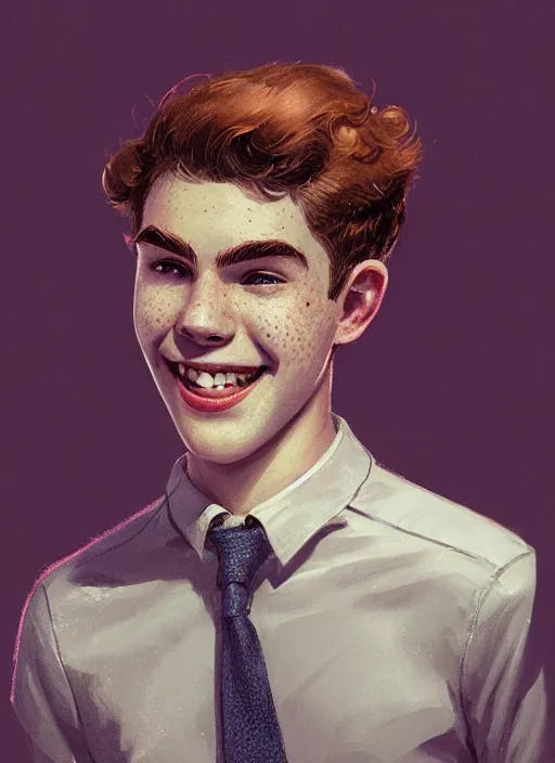 Image similar to portrait of teenage archie andrews, freckles, curly middle part haircut, curly hair, smiling kindly, friendly, 1 9 5 0 s, intricate, elegant, glowing lights, highly detailed, digital painting, artstation, concept art, smooth, sharp focus, illustration, art by wlop, mars ravelo and greg rutkowski