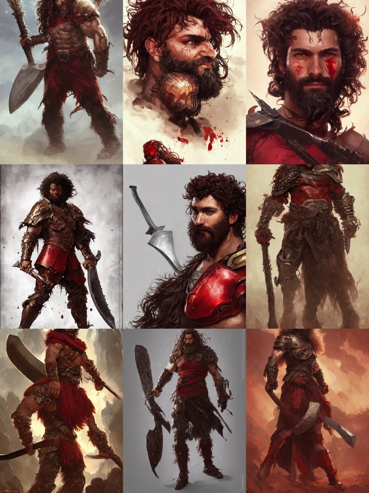 Prompt: male warrior, blood red armor, giant axe, messy curly hair, unkempt beard, dark brown skin, ready to fight, realistic, character select portrait, by artgerm, greg rutkowski, alphonse mucha, 3 d