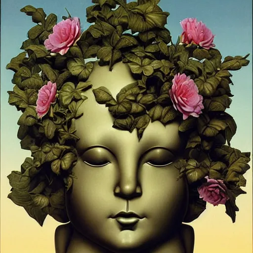 Image similar to Michael Parkes, award winning masterpiece with incredible details, Michael Parkes, a surreal vaporwave vaporwave vaporwave vaporwave vaporwave painting by Michael Parkes of an old pink mannequin head with flowers growing out, sinking underwater, highly detailed Michael Parkes