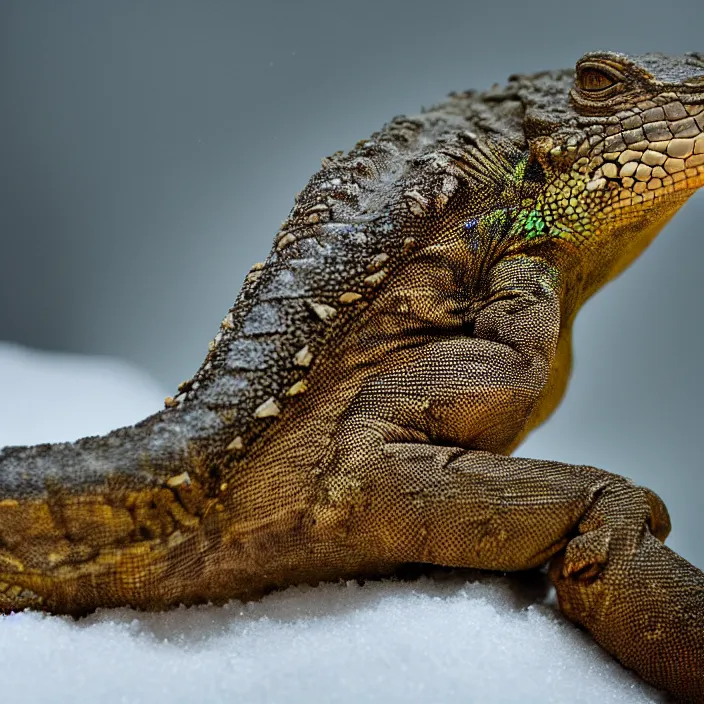 Prompt: a lizard woman in the snow, face of a lizard, by Annie Leibovitz and Steve McCurry, natural light, detailed face, CANON Eos C300, ƒ1.8, 35mm, 8K, medium-format print