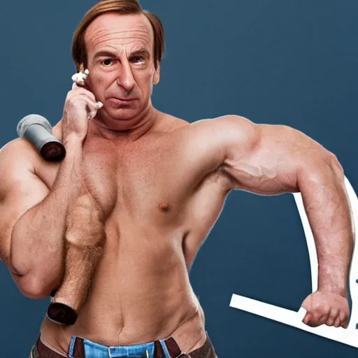 Prompt: Saul Goodman from Better Call Saul with the body of a bodybuilder smoking a joint looking as if he was embarrassed that we caught him in the act