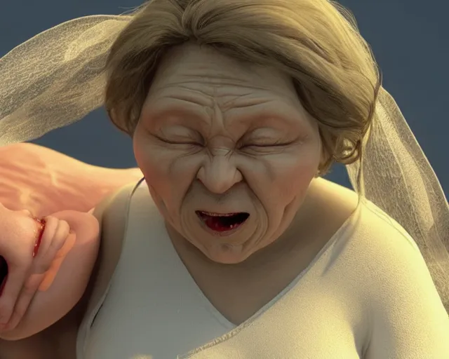 Image similar to of a very beautiful scene. ambient occlusion render. a sweet fat old woman is giving birth to her self as a sweet baby. hyper realistic. 4 k. wide angle. wild. symmetrical face, red mouth, blue eyes. deep focus, lovely scene. ambient occlusion render. concept art. unreal engine.