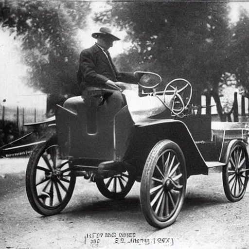 Image similar to an oldie car with wings and horse black-white retro photo 1910, man in front