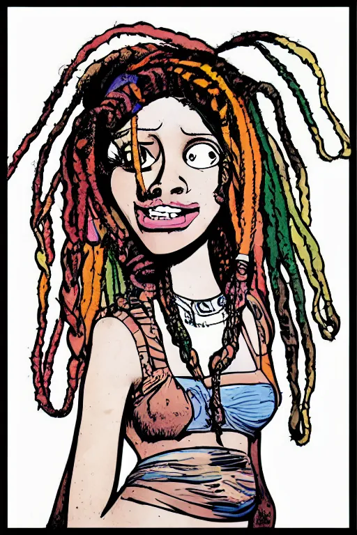 Prompt: hippie girl with dreads by jamie hewlett, cel shading, toon shading, detailed,