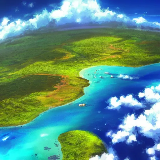 Prompt: “ a breathtaking aerial view of Hawaiian islands, surrounded by palm trees, clouds, flowers, volcano, azure ocean, sunlight glistening, glow, in the style of makoto shinkai and studio ghibli, vivid colours, hd wallpaper, 8k, trending on artstation”