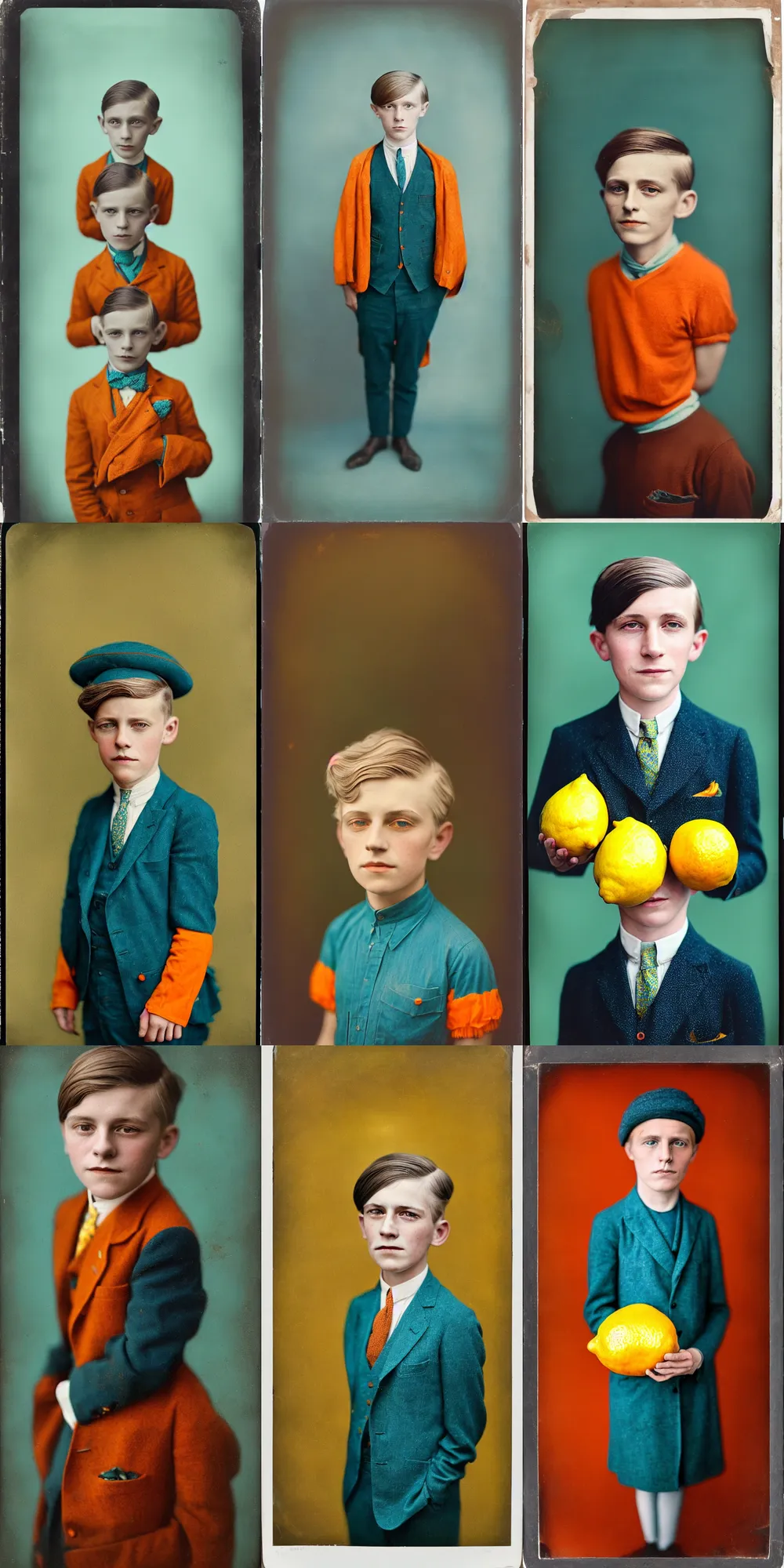 Image similar to kodak portra 4 0 0, wetplate, 8 k, shot of a highly detailed, britt marling style, colour still - life portrait of a lemon looks like a handsome 8 year old boy, 1 9 2 0 s cloth, 1 9 2 0 s hair, teal and orange, muted coloures