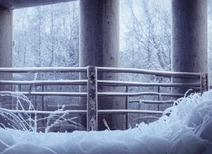 Prompt: a detailed photo of a very frosted and cold scaffolding - tube in a bright light room rendered in octane 8 k