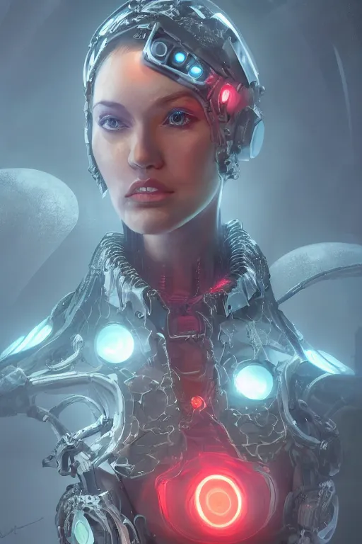 Image similar to detailed portrait of a cyborg, necromancer, benevolent, scifi, futuristic, beautiful girl, elegant cape, glow, concept art, sharp focus, inside a space ship, trending on artstation, intricate, advanced technology, art by roman makarenko and simon almeida and marcos melco