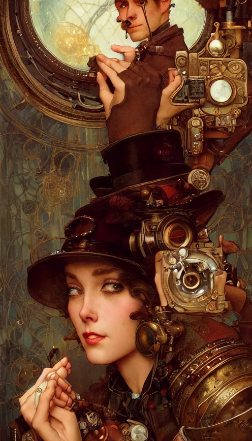 Image similar to hyper realistic photographer looking through camera, magical, steampunk, painted by norman rockwell, tom bagshaw, mucha, gaston bussiere, craig mullins, j. c. leyendecker 8 k