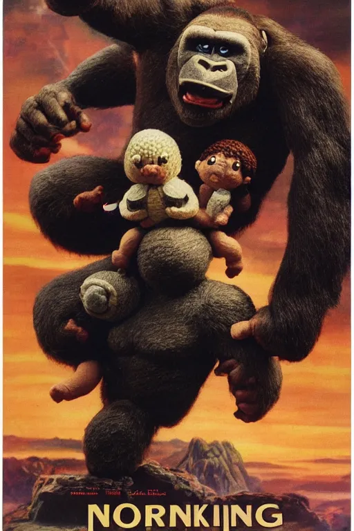 Image similar to Movie poster of marshmallow king kong carrying a cute amigurumi girl, by frank frazetta, Noriyoshi Ohrai, ilya repin, 8k, hd, high resolution print