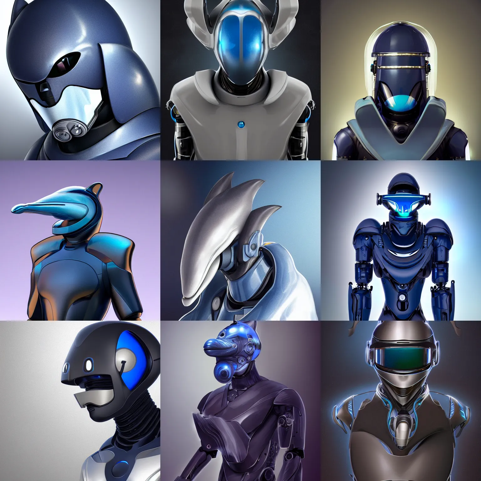 Prompt: very very beautiful furry art, male robotic anthro dolphin, synthetic cetacean hybrid android, face covered by dark opaque visor, wide bottlenose snout below visor, smooth round shapes, all dark blue metal, commission on furaffinity, cgsociety, octane render, storage shelves in background