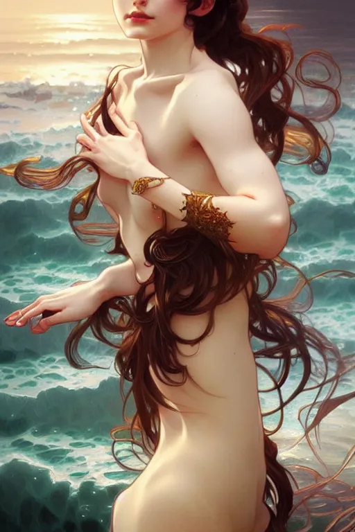 Image similar to ocean, dark fantasy, intricate, elegant, highly detailed, digital painting, artstation, concept art, matte, sharp focus, illustration, art by artgerm and alphonse mucha