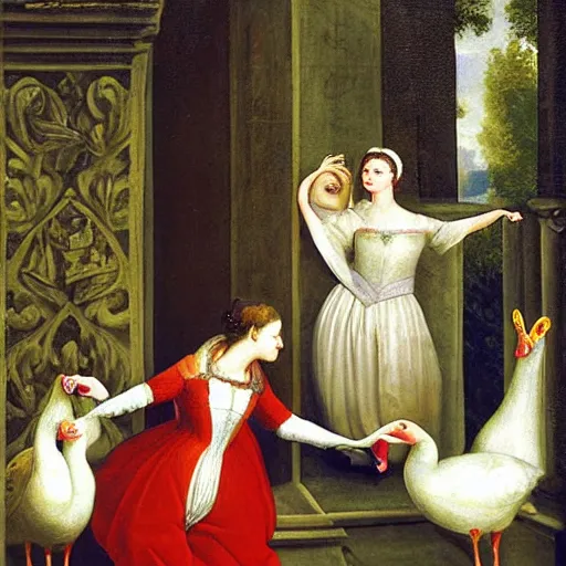 Image similar to goose romeo and juliet. geese, honk, stageplay beautiful painting renaissance.