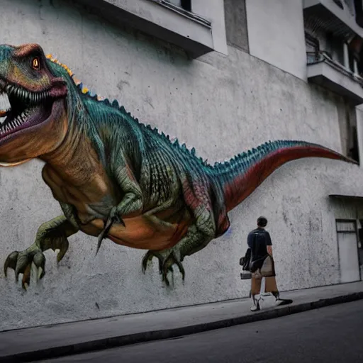 Image similar to The transition into the real world of a dinosaur that is emerging out of an street art wall onto a busy street, drawn dinosaur on the wall, hyperdetailed, unreal engine, octane render