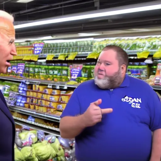 Image similar to Joe Biden berating a fat man at the supermarket, 8K, high quality