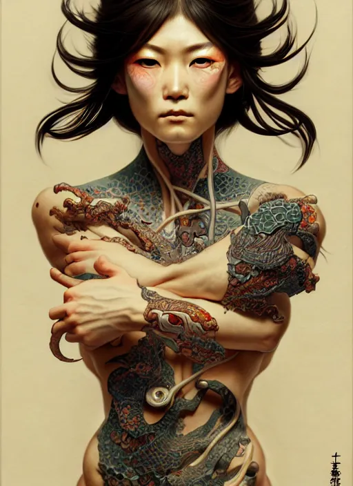 Image similar to organic Japanese Yakuza cyborg, diffuse lighting, fantasy, intricate, elegant, highly detailed, lifelike, photorealistic, digital painting, artstation, illustration, concept art, smooth, sharp focus, art by John Collier and Albert Aublet and Krenz Cushart and Artem Demura and Alphonse Mucha