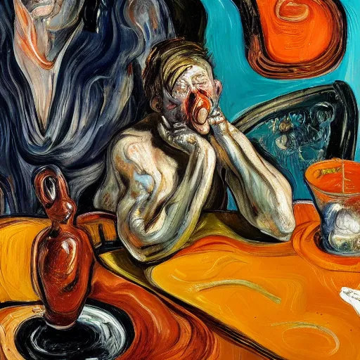 Prompt: high quality high detail expressionist painting of a man in agony by lucian freud and jenny saville edvard munch and francis bacon, hd, anxiety, seated at table crying and screaming, turquoise and orange