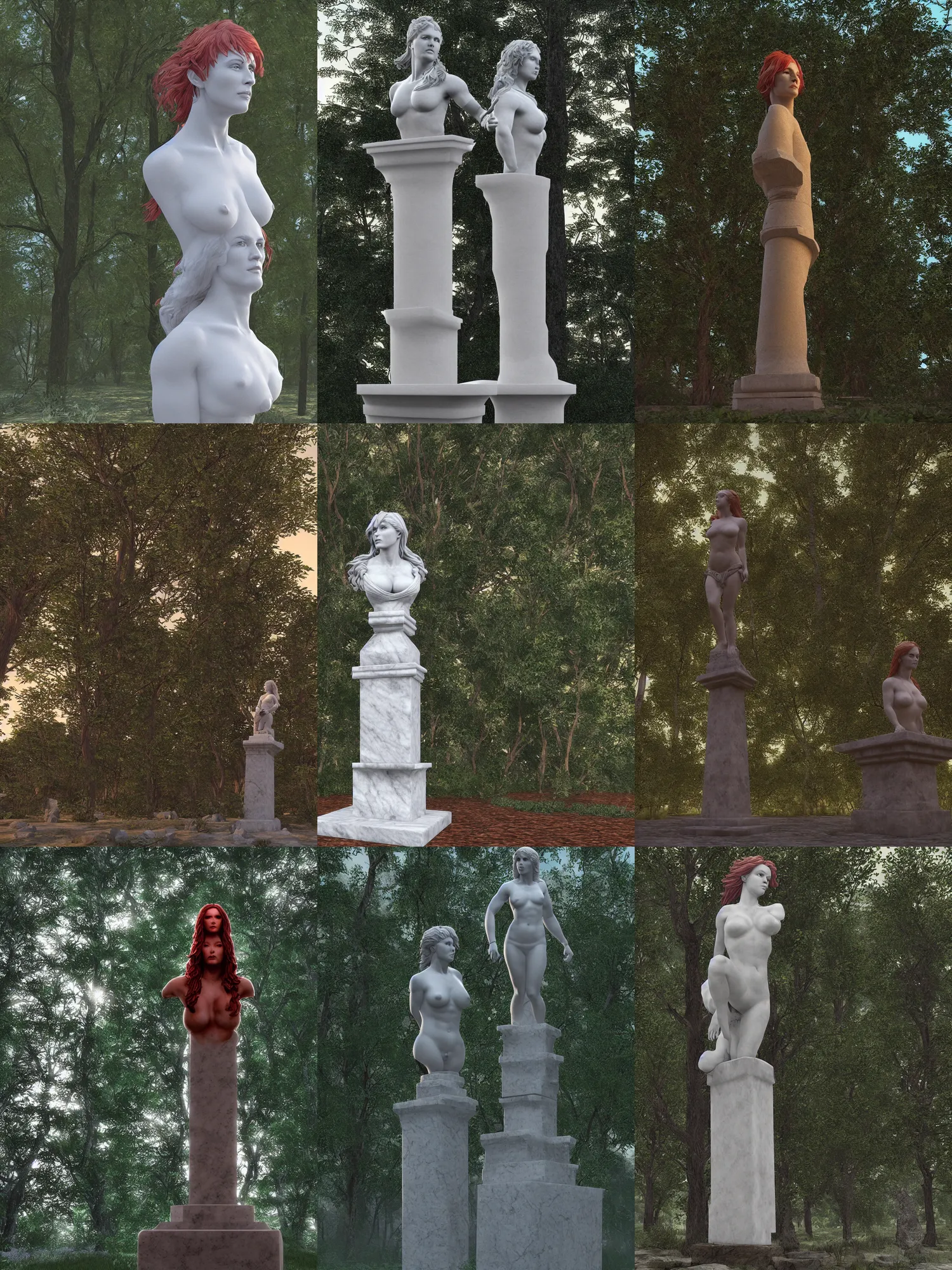 Prompt: “a marble bust of red Sonja on a pedestal in a grove of trees at dusk, ray tracing, volumetric lighting , cinematic, 3D render, unreal engine, misty”