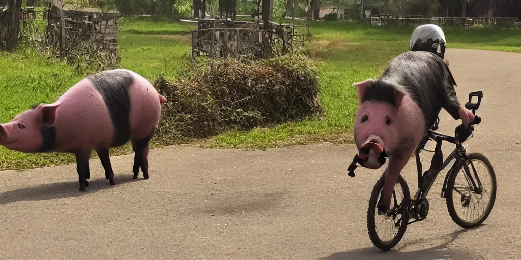 Prompt: a pig riding a bike