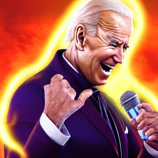 Image similar to joe biden as a super sayan at full power, photograph, 8 k, octane render, unreal 5, ultra detailed, rule of thirds, super sharp and crispy.