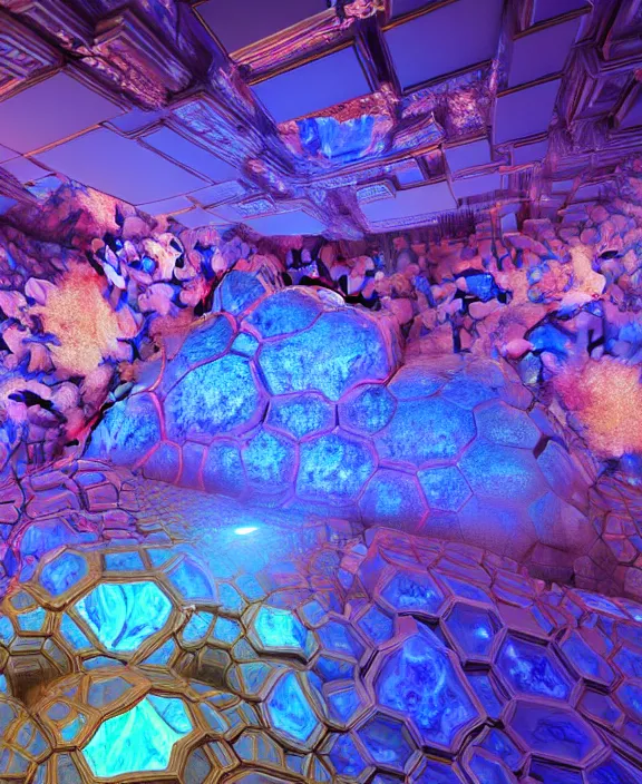 Prompt: giant fractal bismuth room consists of bismuth geodes, fractalization, extremely high details, masterpiece, photorealistic, hyperrealism, vray, octane render, volumetric lighting, depth of field, bokeh, artstation, cgsociety by johannen voss, greg broadmore