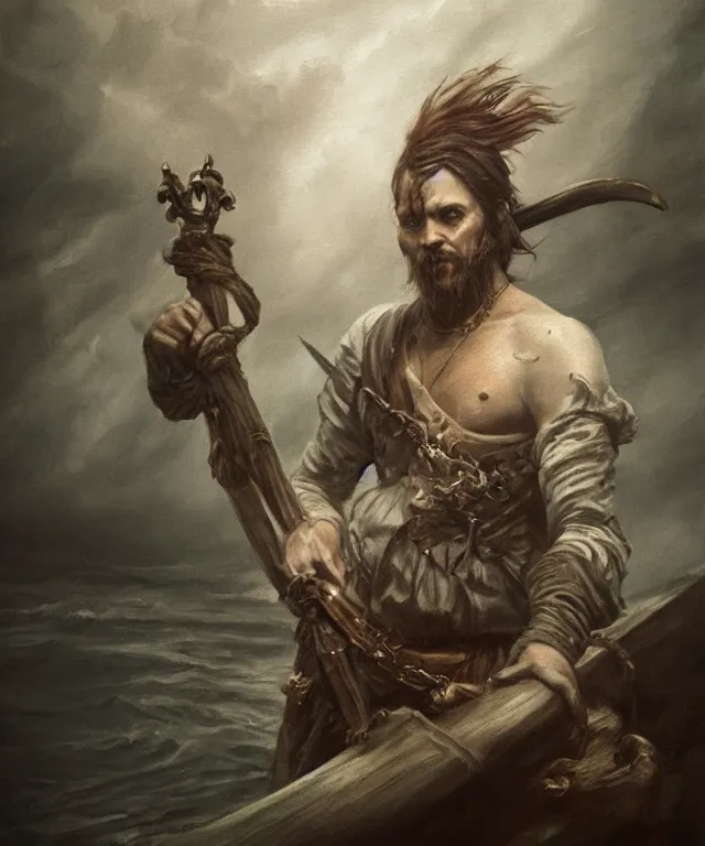 Image similar to ultra realistic color portrait painting of a tranparent 1 7 th century pirate ghost with a sword in a grotto, dark, painted, brooding, atmospheric, seascape, horror, smooth, epic, highly detailed, cinematic, artstation, by leesha hannigan