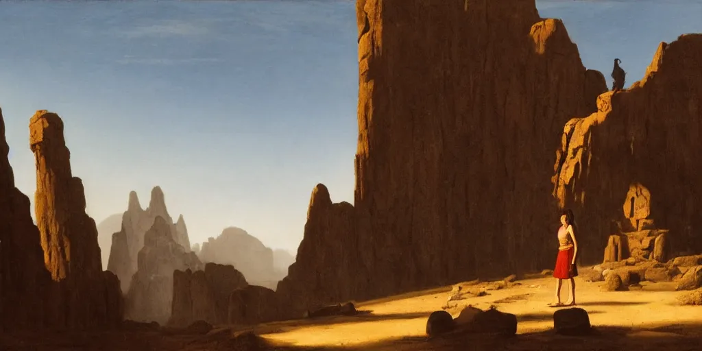 Image similar to a young girl stands next to a rock colossus, shadow of the colossus, in front of a temple, in a large desert cave, dramatic lighting, hudson river school