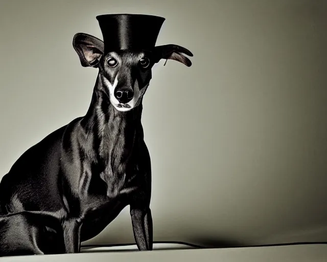 Image similar to greyhound wearing a black cloak and a top hat under a spotlight
