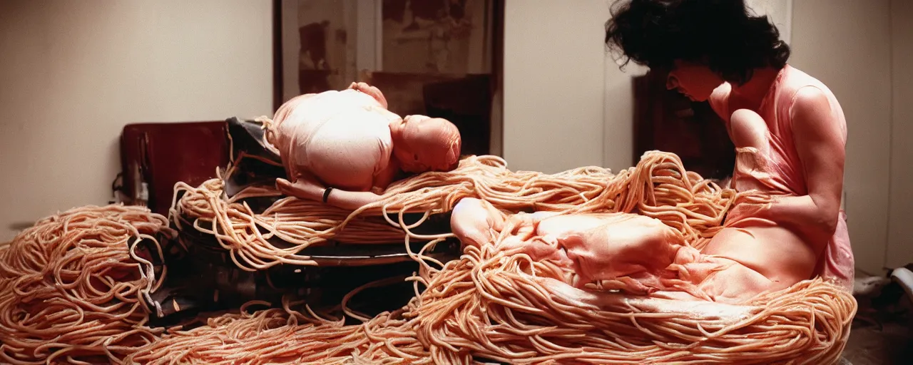 Image similar to a woman giving birth on top of spaghetti, canon 5 0 mm, cinematic lighting, photography, retro, film, kodachrome