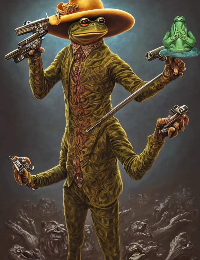 Prompt: anthropomorphic bipedal frog that is dressed as a renaissance librarian, and dual wielding revolver pistols, as a matte oil painting and d & d character art, by alex grey, standing, fullbody, mystic, fog, ornate, gems, concept art, award - winning, extremely detailed, sharp focus