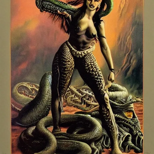 Prompt: illustrated by Boris Vallejo and H.R. Giger | Beautuful vintage photo of a warrior-girls with snakes and demons surrounded