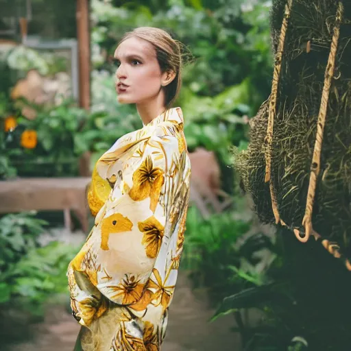 Image similar to head to shoulder portrait film photograph of an elegant top model wearing a yellow kimono with a very detailed barn owl on her shoulder!!! in a tropical greenhouse. looking at the camera!!. super resolution. 85 mm f1.8 lens.bokeh. graflex. by Alessio albi !