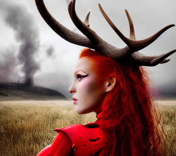 Image similar to a portrait photo of an armored woman warrior redhead with antlers sitting on the edge of a giant red cap mushroom that covers a whole town and reaches above the clouds by luis royo. intricate. lifelike. soft light. sony a 7 r iv 5 5 mm. cinematic post - processing