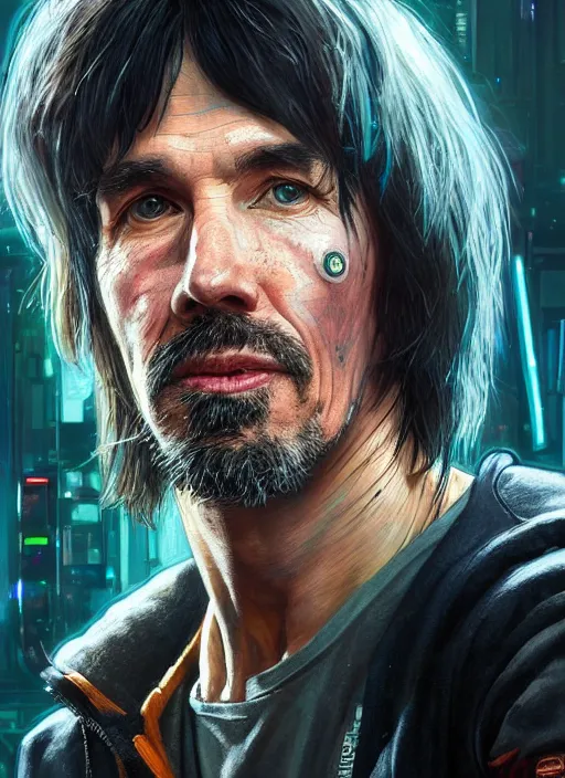 Prompt: portrait of professor Brian Cox as a homeless character in Cyberpunk 2077, looking at camera, intricate, dystopian, sci-fi, extremely detailed, digital painting, artstation, concept art, smooth, sharp focus, illustration, intimidating lighting, incredible art by artgerm and greg rutkowski and alphonse mucha and simon stalenhag