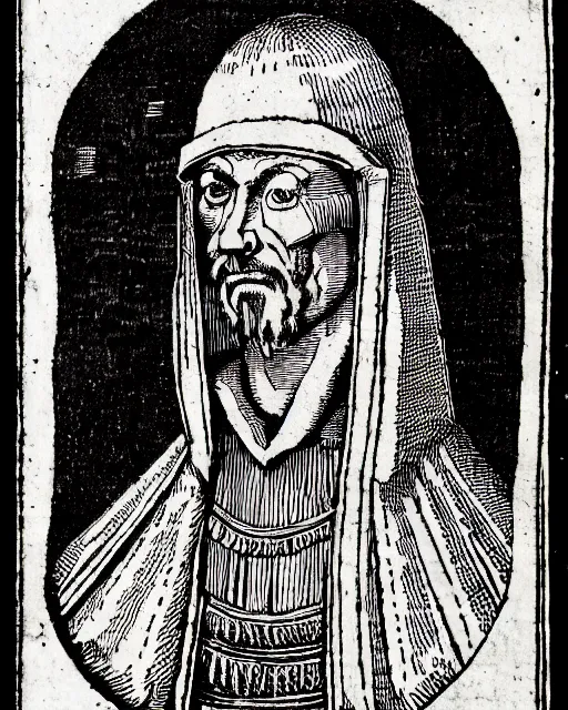 Image similar to b & w woodcut portrait of oprtimus prime from the nuremberg chronicle, 1 4 9 3, restored, hq scan