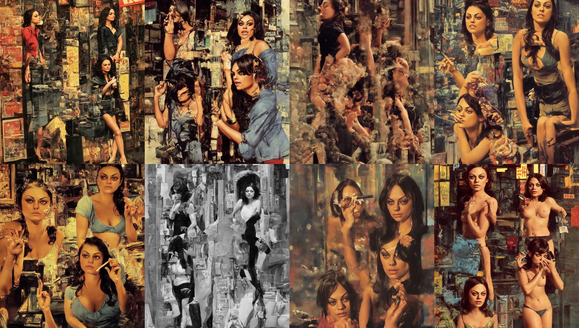 Image similar to standing portrait of ecstatic mila kunis looking into the camera standing smoking a cigarette, warm street lights store front, 1 9 6 0 s technicolor, intricate, moody, personal, highly detailed, short focus depth, donato giancola, joseph christian leyendecker, frank frazetta, alex horley, ralph horsley, michael whelan, 2 0 0 mm focal length