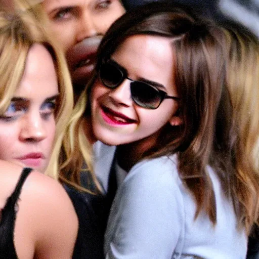 Image similar to A semi-edgy photo of Emma Watson creepily licking Jessica alba's grimacing face