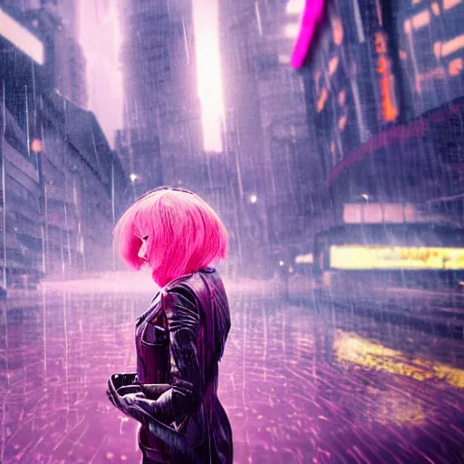 Prompt: ciberpunk city of the future, blade runner style, octane render, digital art, rain, beautiful girl with umbrella wearing a clear raincoat , pink hair, cinematic, 8k, very intricate, 80's, night time,