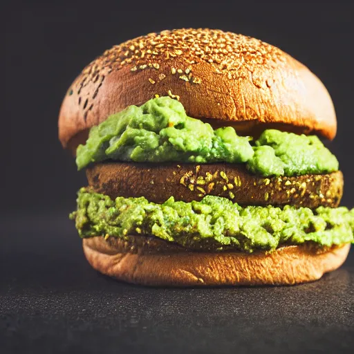 Image similar to juicy vegan hamburger topped with guacamole and fried onion and a vegan fried egg, crispy buns, 8 k resolution, professional food photography, studio lighting, sharp focus, hyper - detailed