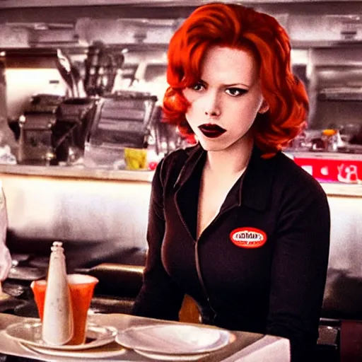 Prompt: Black Widow as a waitress in a diner