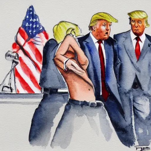 Image similar to donald trump in handcuffs being escorted by the fbi. watercolor